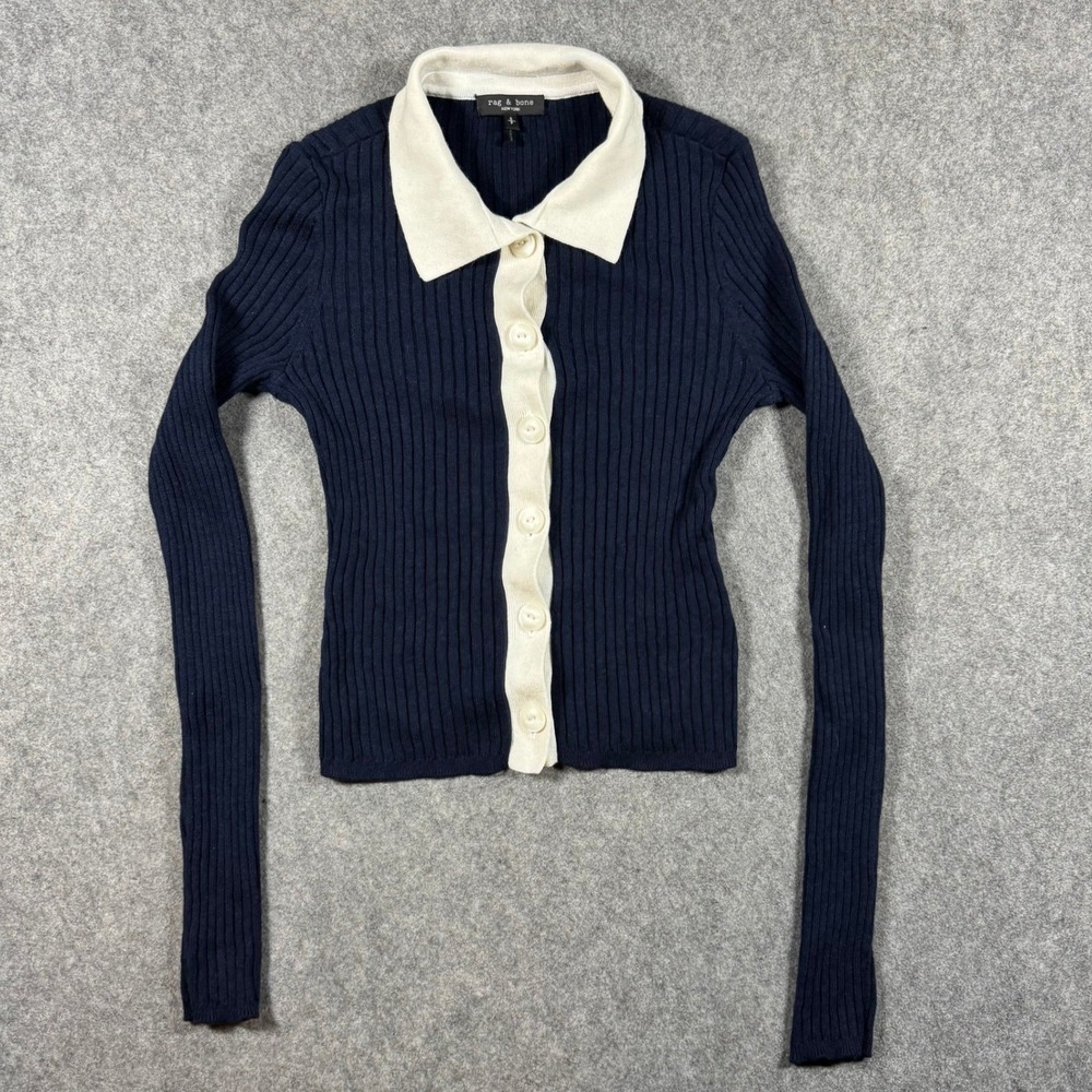Rag & Bone Cardigan Women S Navy Blue Cashmere Blend Ribbed Collared Stretch